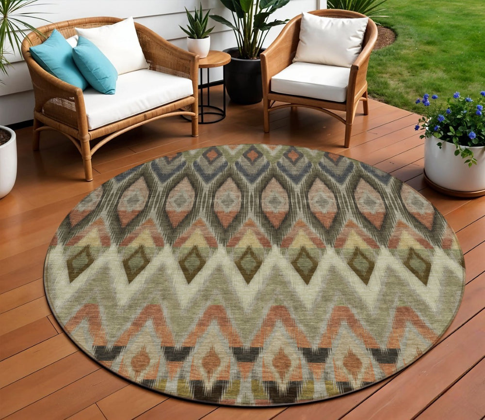HomeRoots 5' Southwestern Area Rug in Taupe, Olive Green & Beige – Durable, Washable, Indoor/Outdoor Style! 8' Round 578486