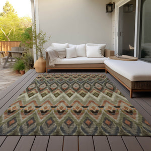 Homeroots 3' Southwestern Washable Indoor Outdoor Area Rug In Brown Beige And Artichoke Green For Versatile Style 9' X 12' Polyester 578488