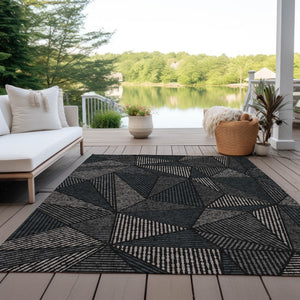 Homeroots 3' Black Charcoal And Gray Geometric Washable Area Rug For Indoor Outdoor Spaces - Durable Design 5' X 8' Polyester 578497