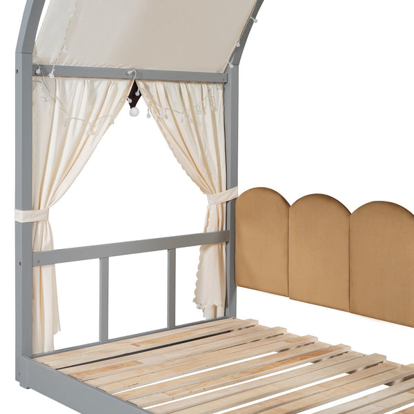 English Elm Twin Pinewood Ground-Level Canopy Bed with Arched Roof and Trundle for Kids—Whimsical, Sturdy Design Gray N820P181648E