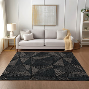 Homeroots 3' Black Charcoal And Gray Geometric Washable Area Rug For Indoor Outdoor Spaces - Durable Design 9' X 12' Polyester 578500