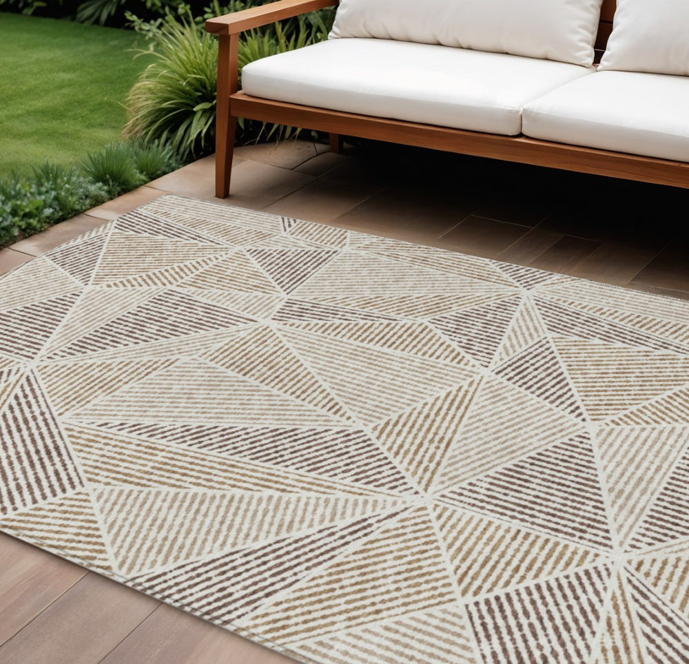 HomeRoots 5' Brown Taupe Beige Geometric Area Rug – Stylish, Washable, Indoor/Outdoor Durability for Any Space 8' X 10' 578511