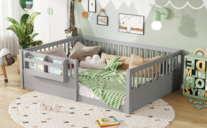 English Elm Twin Low Profile Kids Floor Bed Pine Wood Frame with Safety Rail and Built in Bookshelf Gray W1580P373140