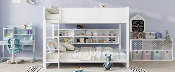 English Elm Queen Over Queen Floor Bunk Bed with Built-In Storage Shelves, USB Charging Station, Solid Pine Frame, Safety Rails and LadderDesigned for Space Saving and Modern Bedrooms White W504S00240