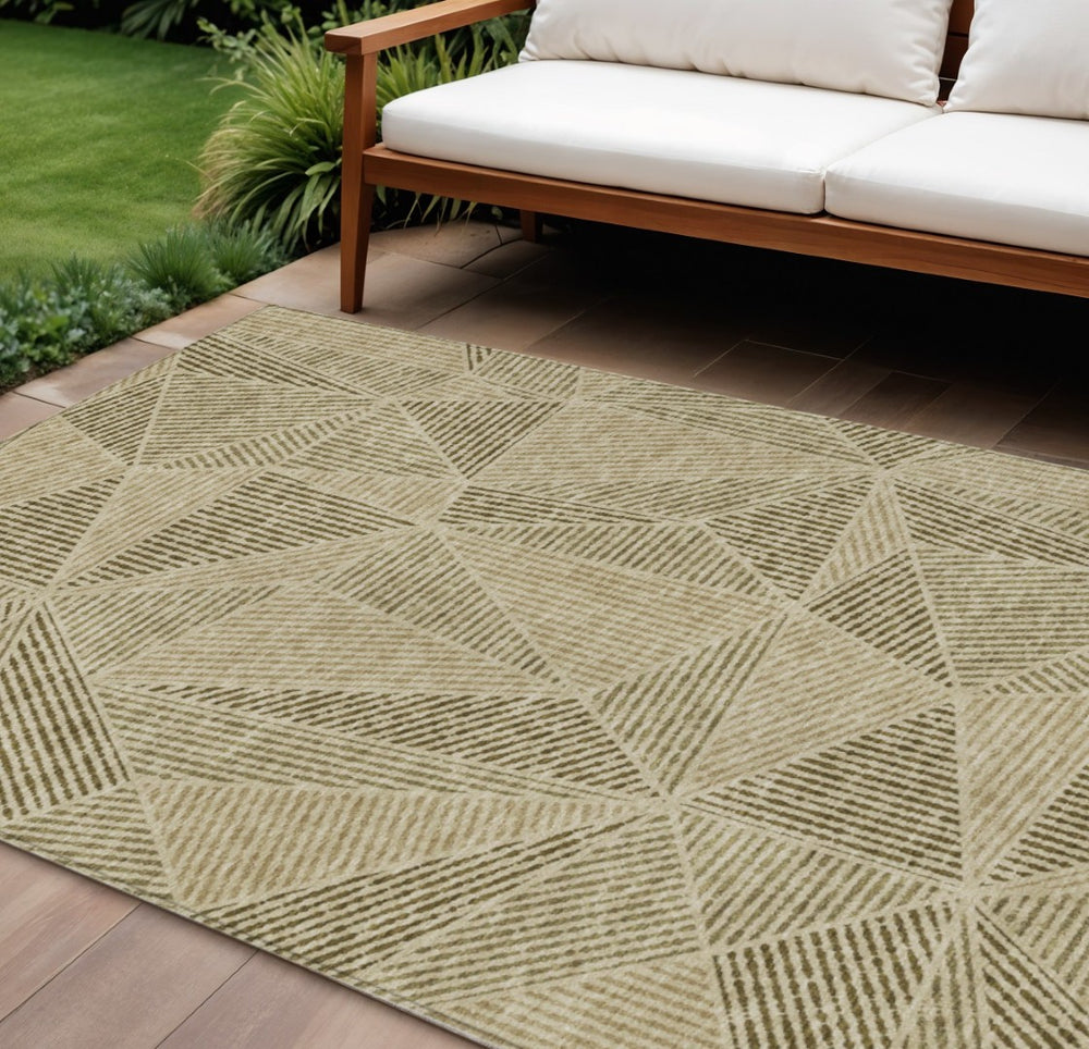 HomeRoots 9' Khaki Brown and Beige Geometric Area Rug - Stylish, Washable, Durable for Indoor and Outdoor Use 9' X 12' 578530