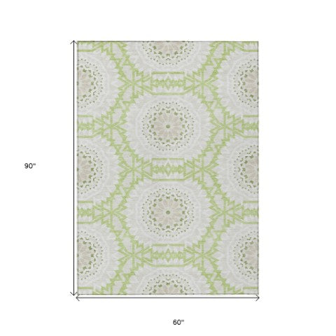 Homeroots 3' Floral Medallion Area Rug - Artichoke Green & Tan, Washable For Indoor & Outdoor Use, Durable Design 5' X 8' Polyester 578569