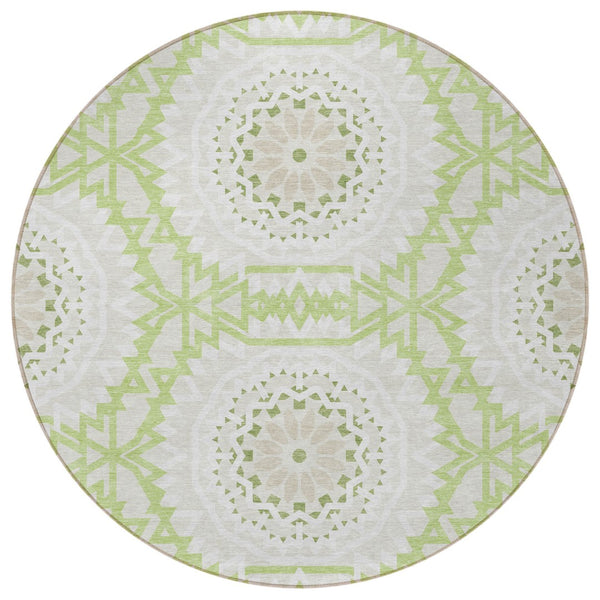 Homeroots 3' Floral Medallion Area Rug - Artichoke Green & Tan, Washable For Indoor & Outdoor Use, Durable Design 8' Round Polyester 578570