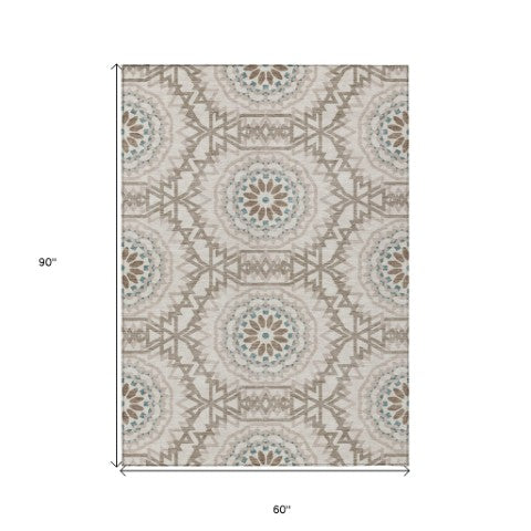 Homeroots 3' Floral Medallion Area Rug - Artichoke Green & Tan, Washable For Indoor & Outdoor Use, Durable Design 5' X 8' Polyester 578575