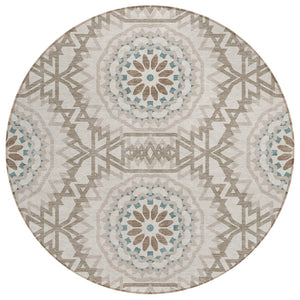 HomeRoots 5' Floral Medallion Area Rug in Beige, Brown, and Teal – Durable, Washable, Stylish for Indoors & Outdoors 8' Round 578576