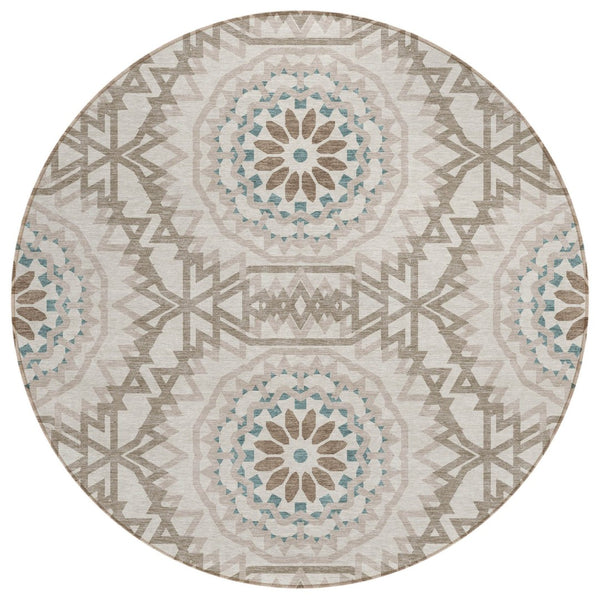 HomeRoots 5' Floral Medallion Area Rug in Beige, Brown, and Teal – Durable, Washable, Stylish for Indoors & Outdoors 8' Round 578576