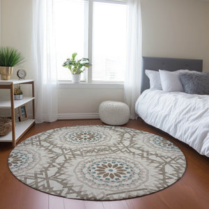 Homeroots 3' Floral Medallion Area Rug - Artichoke Green & Tan, Washable For Indoor & Outdoor Use, Durable Design 8' Round Polyester 578576