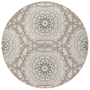 Homeroots 3' Floral Medallion Area Rug - Artichoke Green & Tan, Washable For Indoor & Outdoor Use, Durable Design 8' Round Polyester 578576
