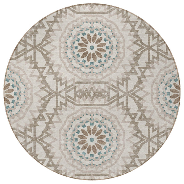 Homeroots 3' Floral Medallion Area Rug - Artichoke Green & Tan, Washable For Indoor & Outdoor Use, Durable Design 8' Round Polyester 578576