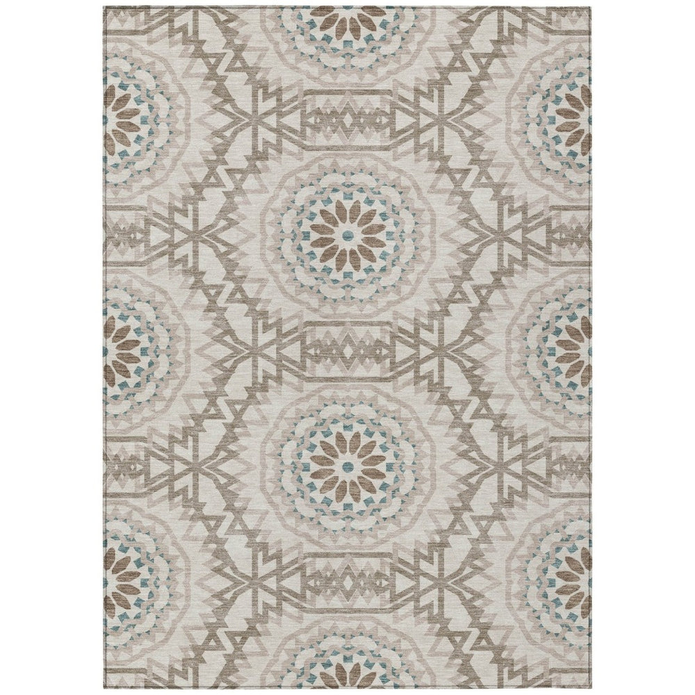 HomeRoots 5' Floral Medallion Area Rug in Beige, Brown, and Teal – Durable, Washable, Stylish for Indoors & Outdoors 8' X 10' 578577