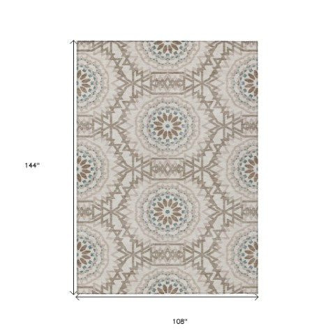 Homeroots 3' Floral Medallion Area Rug - Artichoke Green & Tan, Washable For Indoor & Outdoor Use, Durable Design 9' X 12' Polyester 578578