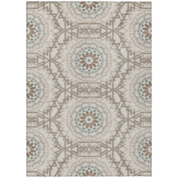 HomeRoots 5' Floral Medallion Area Rug in Beige, Brown, and Teal – Durable, Washable, Stylish for Indoors & Outdoors 10' X 14' 578579