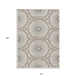 Homeroots 3' Floral Medallion Area Rug - Artichoke Green & Tan, Washable For Indoor & Outdoor Use, Durable Design 10' X 14' Polyester 578579