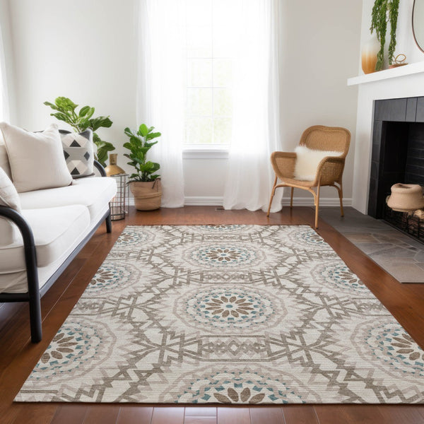 Homeroots 3' Floral Medallion Area Rug - Artichoke Green & Tan, Washable For Indoor & Outdoor Use, Durable Design 10' X 14' Polyester 578579