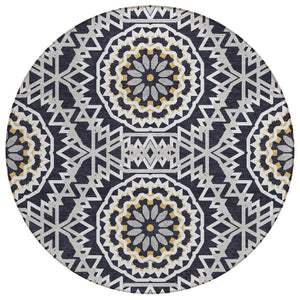 HomeRoots 5' Elegant Black and Gray Floral Medallion Indoor-Outdoor Rug - Washable, Durable, Versatile Design 8' Round 578582