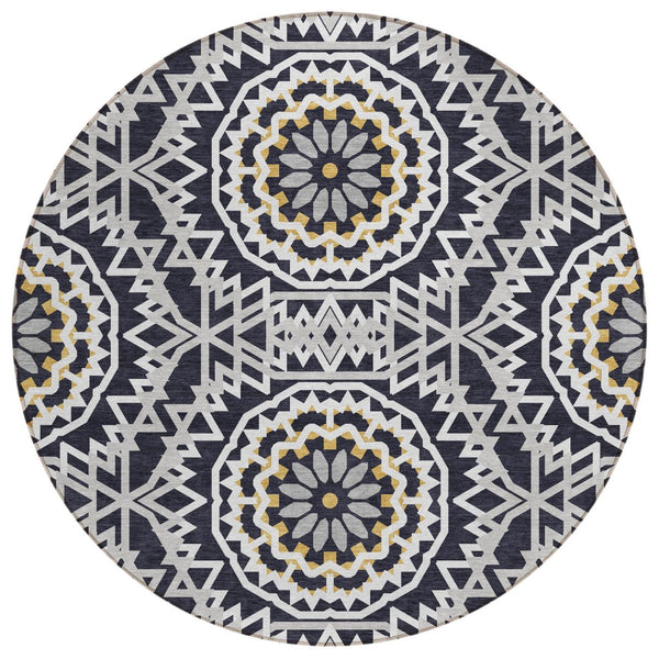 HomeRoots 5' Elegant Black and Gray Floral Medallion Indoor-Outdoor Rug - Washable, Durable, Versatile Design 8' Round 578582