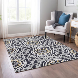 HomeRoots 5' Elegant Black and Gray Floral Medallion Indoor-Outdoor Rug - Washable, Durable, Versatile Design 10' X 14' 578585