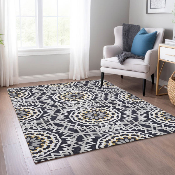 HomeRoots 5' Elegant Black and Gray Floral Medallion Indoor-Outdoor Rug - Washable, Durable, Versatile Design 10' X 14' 578585