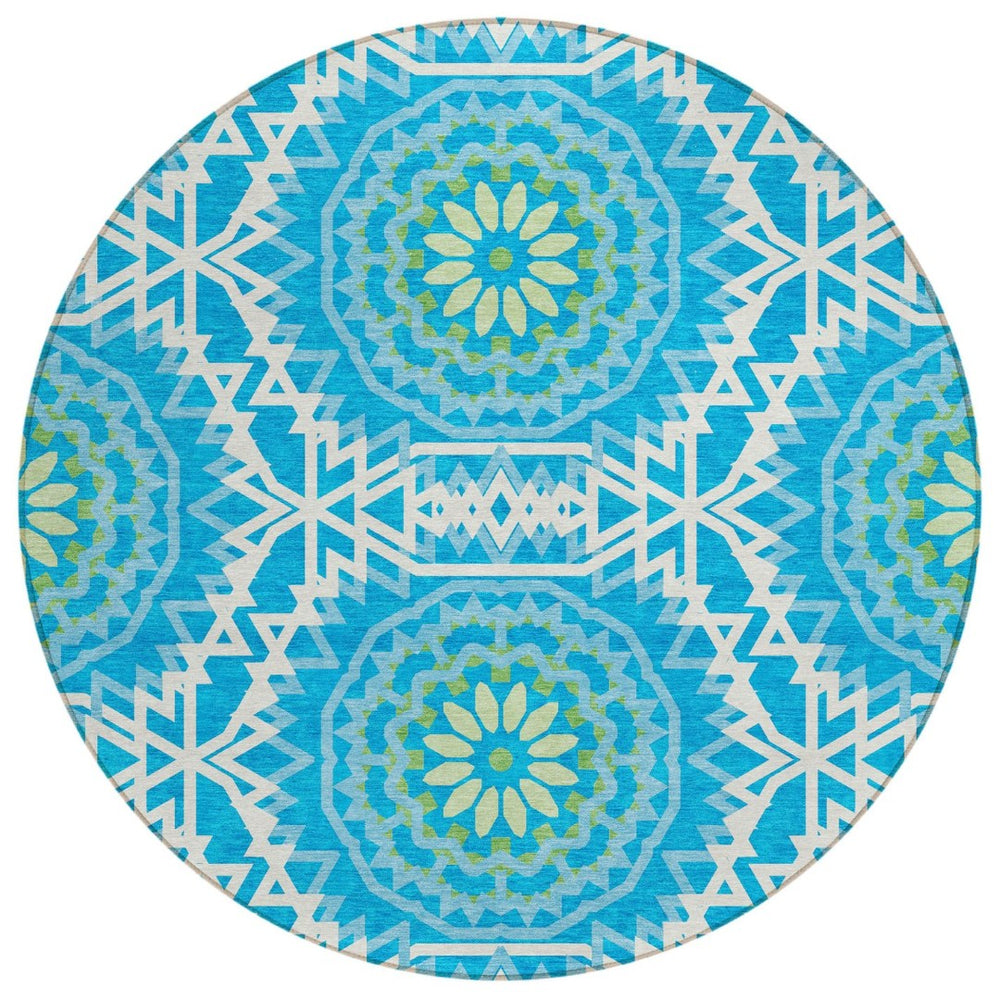 HomeRoots 5' Floral Medallion Washable Area Rug in Ivory and Sky Blue for Indoor and Outdoor Style 8' Round 578588