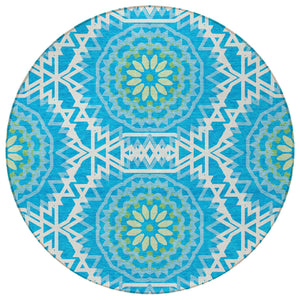 Homeroots 3' Floral Medallion Area Rug - Artichoke Green & Tan, Washable For Indoor & Outdoor Use, Durable Design 8' Round Polyester 578588