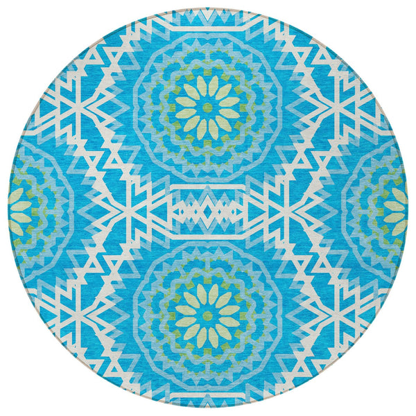 Homeroots 3' Floral Medallion Area Rug - Artichoke Green & Tan, Washable For Indoor & Outdoor Use, Durable Design 8' Round Polyester 578588