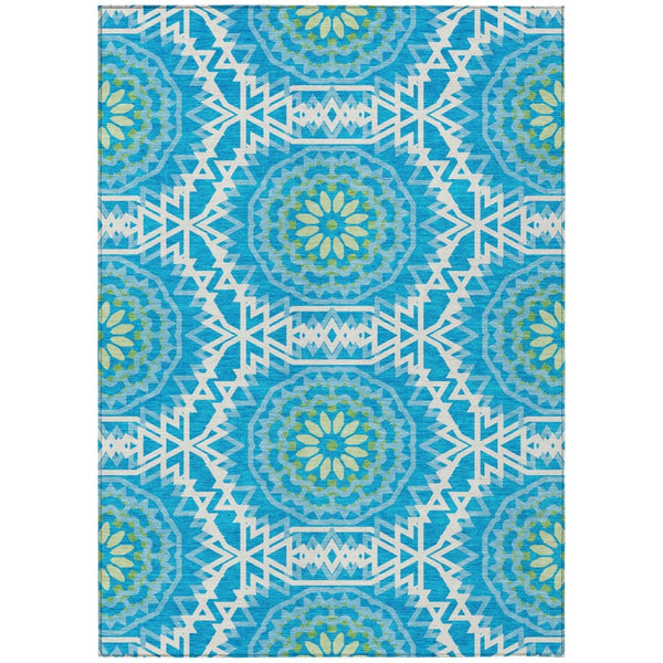 HomeRoots 5' Floral Medallion Washable Area Rug in Ivory and Sky Blue for Indoor and Outdoor Style 8' X 10' 578589