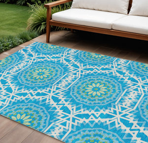 Homeroots 3' Floral Medallion Area Rug - Artichoke Green & Tan, Washable For Indoor & Outdoor Use, Durable Design 10' X 14' Polyester 578591