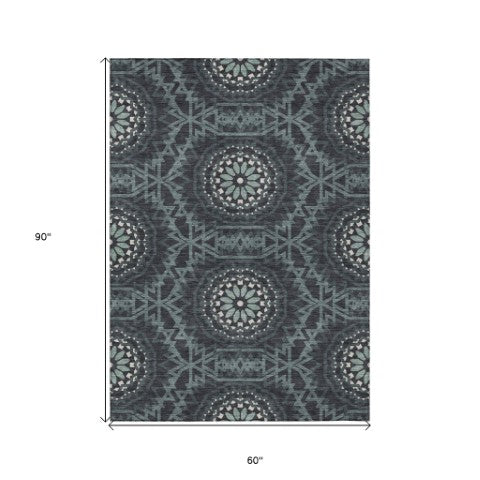 Homeroots 3' Floral Medallion Area Rug - Artichoke Green & Tan, Washable For Indoor & Outdoor Use, Durable Design 5' X 8' Polyester 578593