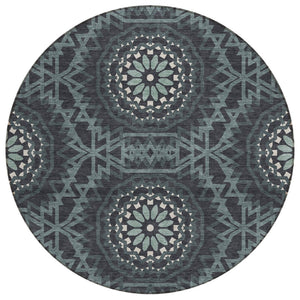 HomeRoots 5' Charcoal Gray and Ivory Floral Medallion Washable Area Rug for Indoor and Outdoor Spaces 8' Round 578594