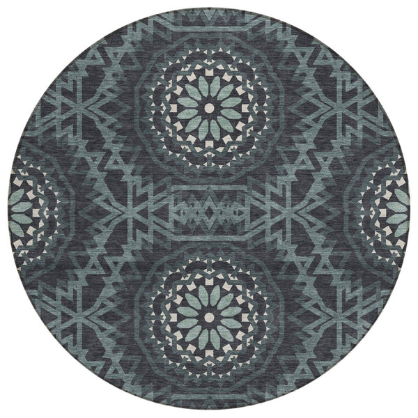 HomeRoots 5' Charcoal Gray and Ivory Floral Medallion Washable Area Rug for Indoor and Outdoor Spaces 8' Round 578594