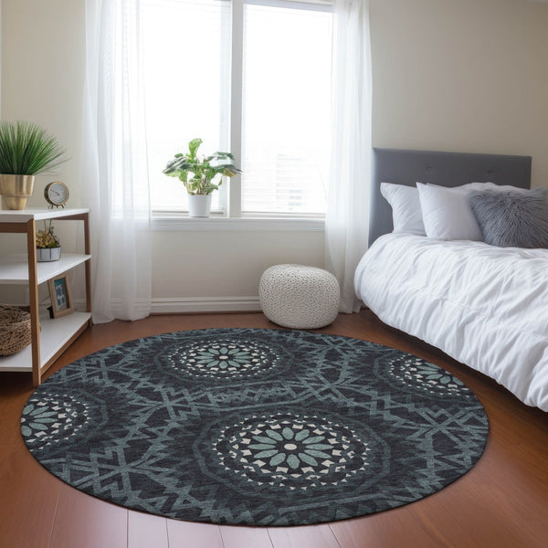 Homeroots 3' Floral Medallion Area Rug - Artichoke Green & Tan, Washable For Indoor & Outdoor Use, Durable Design 8' Round Polyester 578594