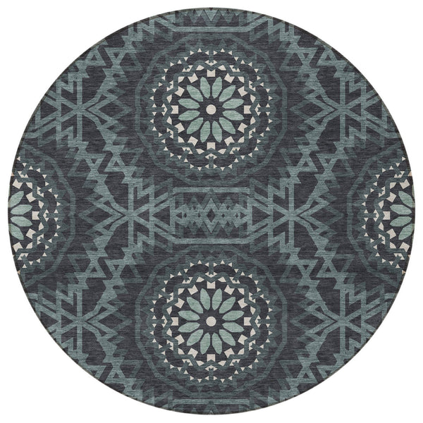 Homeroots 3' Floral Medallion Area Rug - Artichoke Green & Tan, Washable For Indoor & Outdoor Use, Durable Design 8' Round Polyester 578594