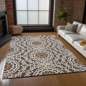 Homeroots 3' Floral Medallion Area Rug - Artichoke Green & Tan, Washable For Indoor & Outdoor Use, Durable Design 3' X 5' Polyester 578598