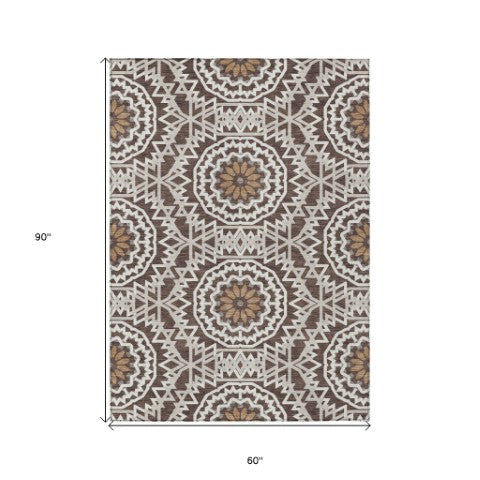 Homeroots 3' Floral Medallion Area Rug - Artichoke Green & Tan, Washable For Indoor & Outdoor Use, Durable Design 5' X 8' Polyester 578599