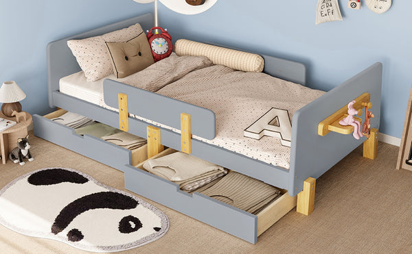 English Elm Twin Low Profile Kids Floor Bed Pine Wood Frame with Safety Rail and Built in Bookshelf Gray W1580P373243