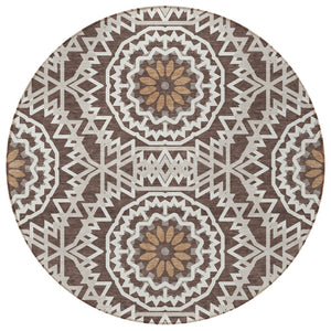 Homeroots 3' Floral Medallion Area Rug - Artichoke Green & Tan, Washable For Indoor & Outdoor Use, Durable Design 8' Round Polyester 578600