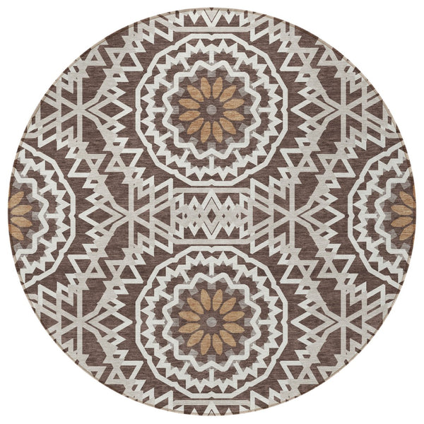 Homeroots 3' Floral Medallion Area Rug - Artichoke Green & Tan, Washable For Indoor & Outdoor Use, Durable Design 8' Round Polyester 578600
