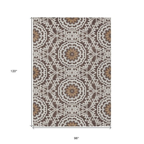 Homeroots 3' Floral Medallion Area Rug - Artichoke Green & Tan, Washable For Indoor & Outdoor Use, Durable Design 8' X 10' Polyester 578601