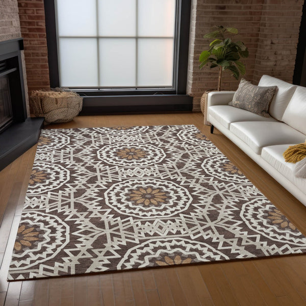 Homeroots 3' Floral Medallion Area Rug - Artichoke Green & Tan, Washable For Indoor & Outdoor Use, Durable Design 8' X 10' Polyester 578601