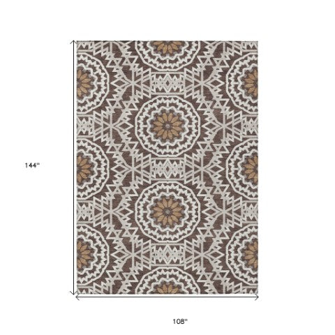 Homeroots 3' Floral Medallion Area Rug - Artichoke Green & Tan, Washable For Indoor & Outdoor Use, Durable Design 9' X 12' Polyester 578602