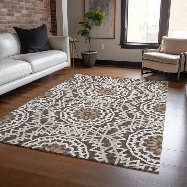 Homeroots 3' Floral Medallion Area Rug - Artichoke Green & Tan, Washable For Indoor & Outdoor Use, Durable Design 10' X 14' Polyester 578603