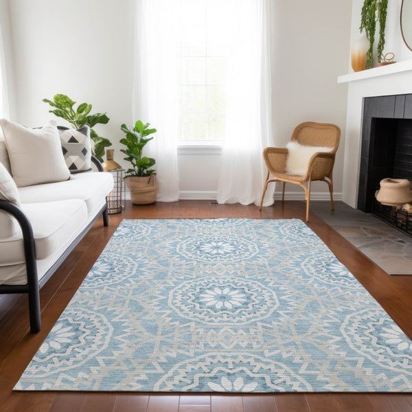 Homeroots 3' Floral Medallion Area Rug - Artichoke Green & Tan, Washable For Indoor & Outdoor Use, Durable Design 5' X 8' Polyester 578605