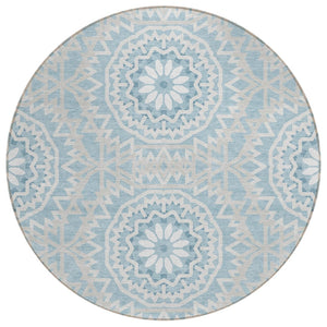 HomeRoots 5' Denim Blue & Ivory Floral Medallion Area Rug - Stylish, Durable, Washable for Indoor & Outdoor Use 8' Round 578606