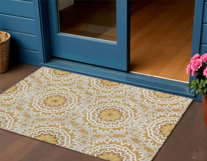 Homeroots 3' Floral Medallion Area Rug - Artichoke Green & Tan, Washable For Indoor & Outdoor Use, Durable Design 3' X 5' Polyester 578610