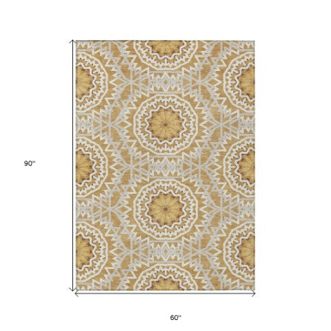 Homeroots 3' Floral Medallion Area Rug - Artichoke Green & Tan, Washable For Indoor & Outdoor Use, Durable Design 5' X 8' Polyester 578611