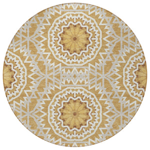 Homeroots 3' Floral Medallion Area Rug - Artichoke Green & Tan, Washable For Indoor & Outdoor Use, Durable Design 8' Round Polyester 578612